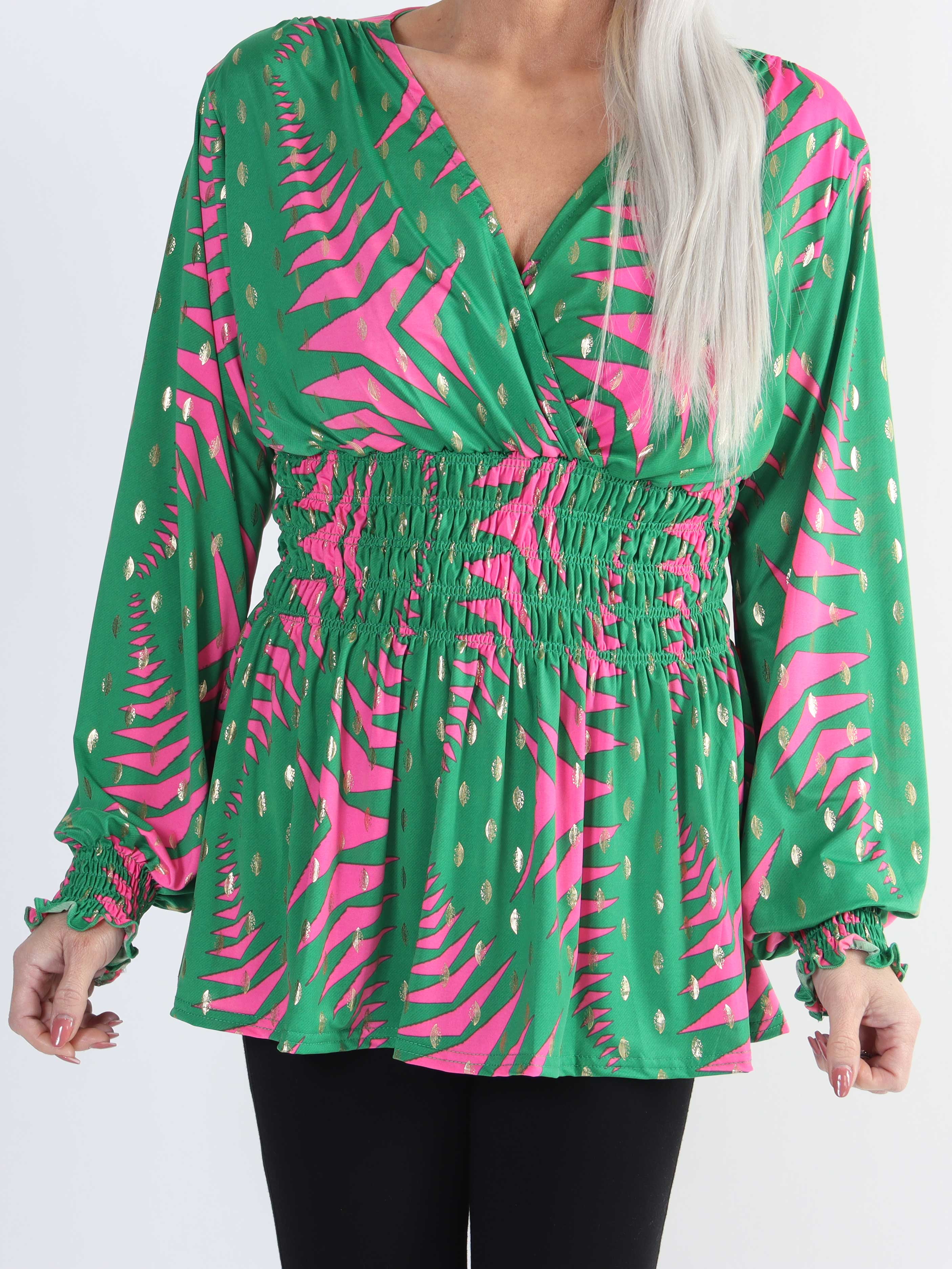 Pams Pattern Shirt L/S - Elastisk plus size blus i skrynkelfritt tyg